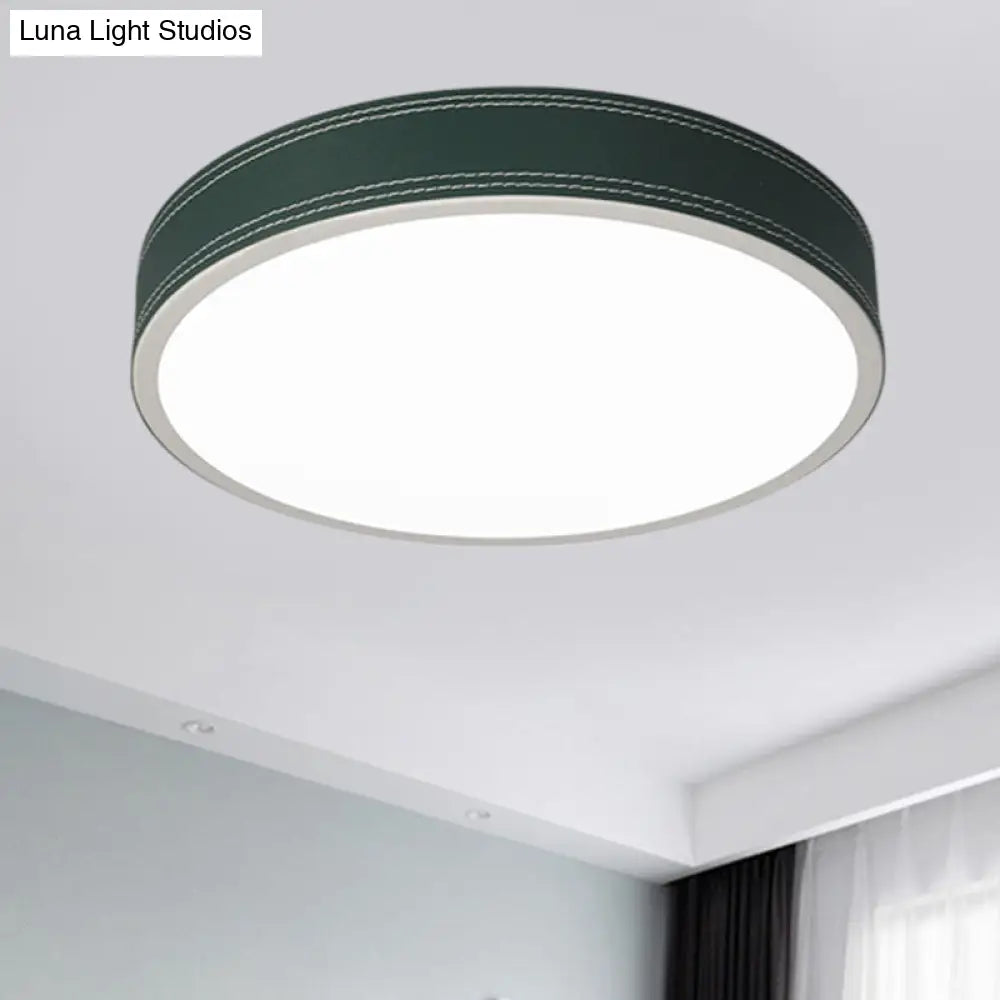 Nordic Led Disk Ceiling Light Red/Blue/Green Leather Flush Mount For Bedroom Warm/White 12/16/19.5