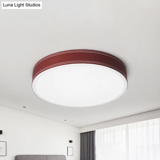 Nordic Led Disk Ceiling Light – Red/Blue/Green Leather Flush Mount For Bedroom Warm/White