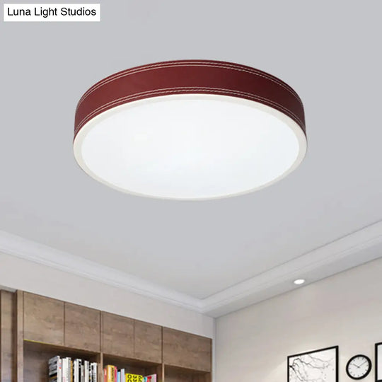 Nordic Led Disk Ceiling Light Red/Blue/Green Leather Flush Mount For Bedroom Warm/White 12/16/19.5