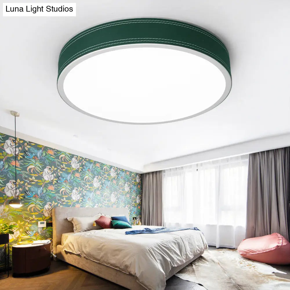 Nordic Led Disk Ceiling Light Red/Blue/Green Leather Flush Mount For Bedroom Warm/White 12/16/19.5