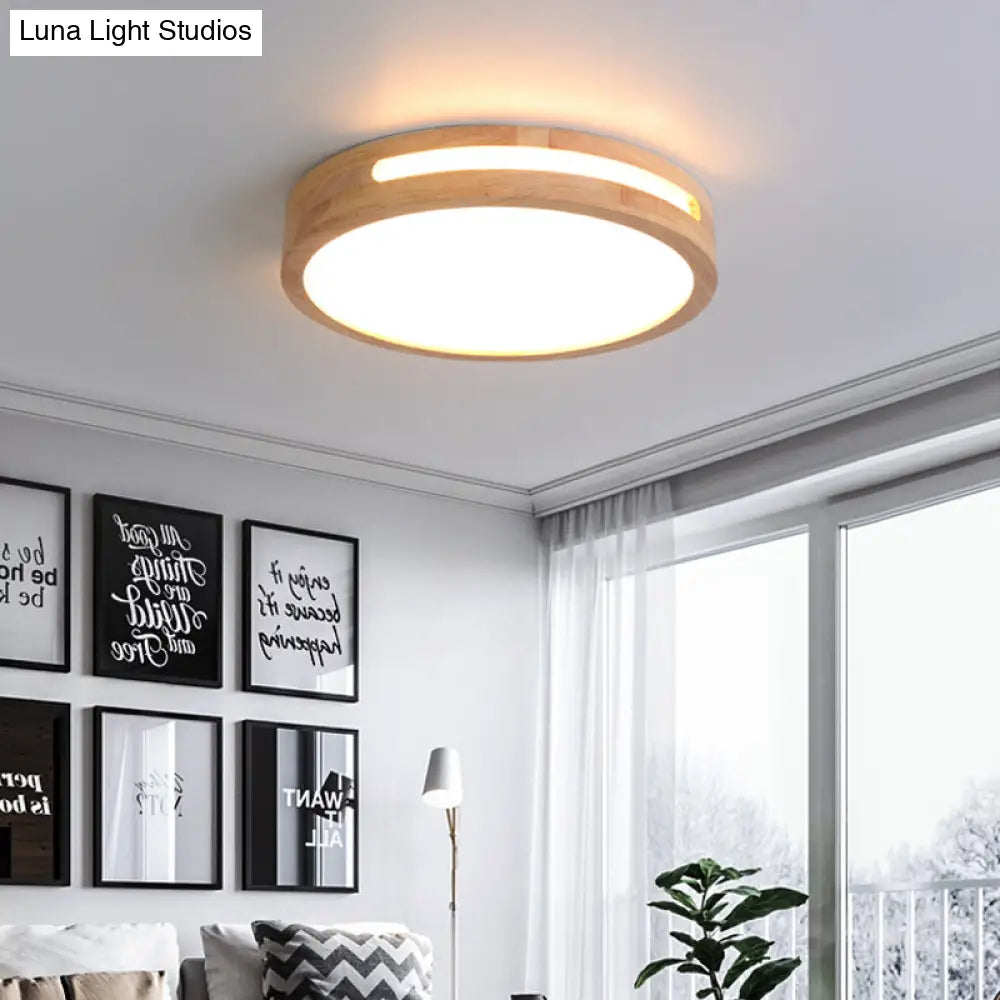 Nordic Led Flush Ceiling Light With Natural Wood Drum Design Warm/White Lighting 12/16/19.5 Diameter