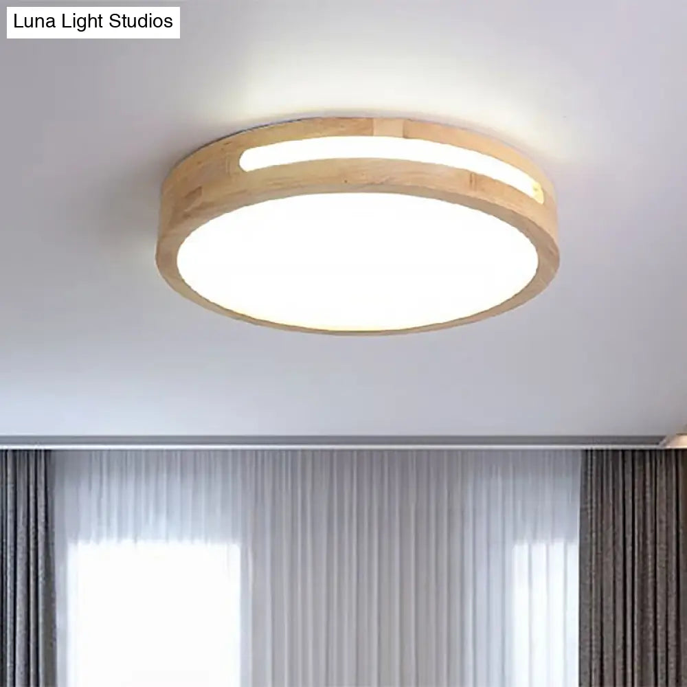 Nordic Led Flush Ceiling Light With Natural Wood Drum Design Warm/White Lighting