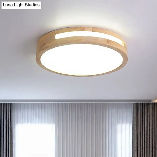 Nordic Led Flush Ceiling Light With Natural Wood Drum Design Warm/White Lighting