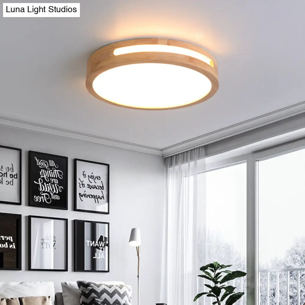 Nordic Led Flush Ceiling Light With Natural Wood Drum Design Warm/White Lighting