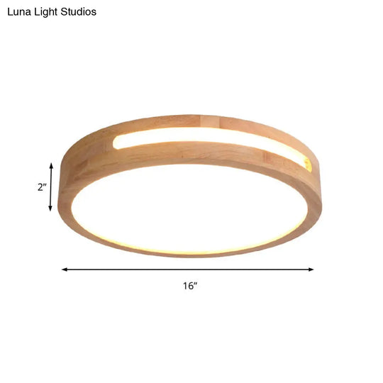 Nordic Led Flush Ceiling Light With Natural Wood Drum Design Warm/White Lighting 12/16/19.5 Diameter