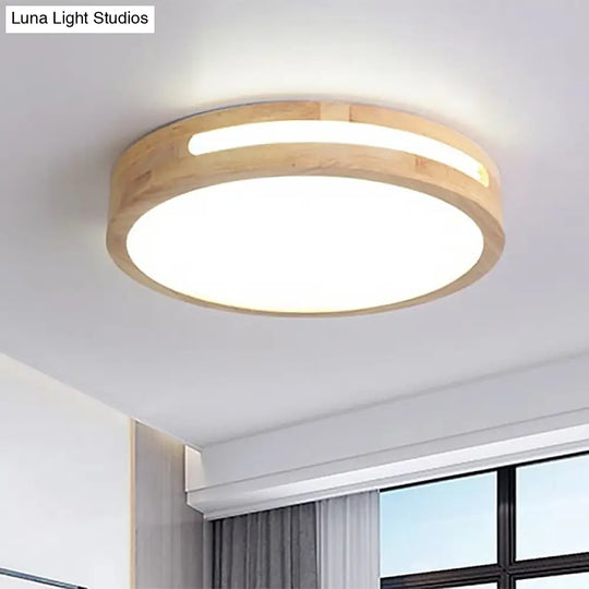 Nordic Led Flush Ceiling Light With Natural Wood Drum Design Warm/White Lighting