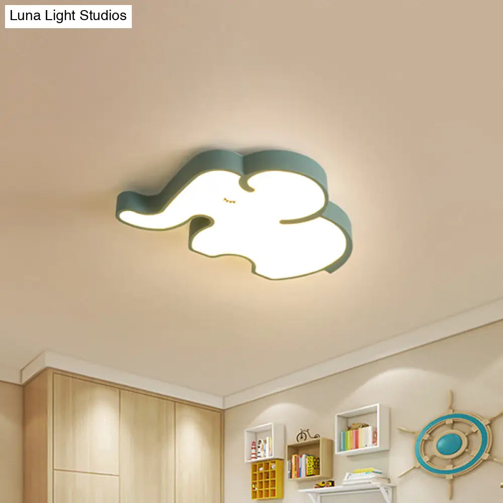 Nordic Led Flush Mount Ceiling Lamp With Elephant Acrylic Shade In Blue/White For Bedroom