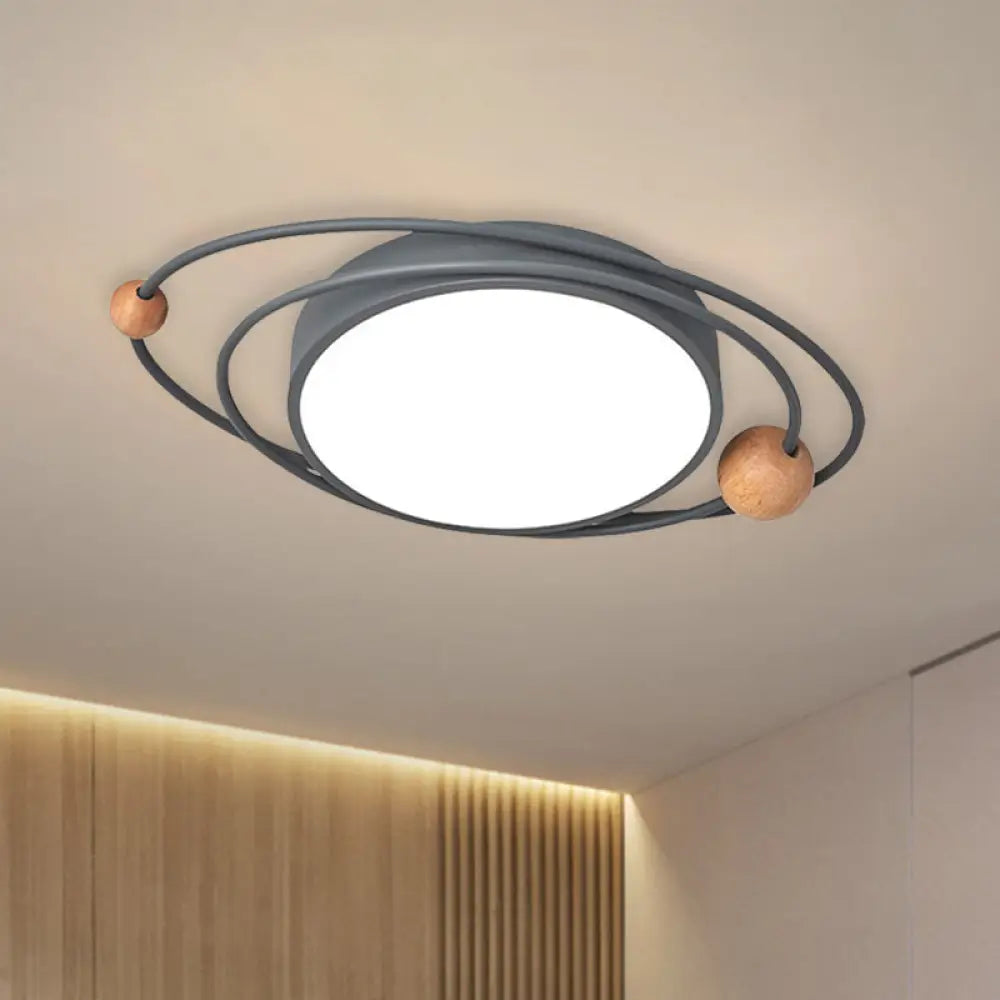 Nordic Led Flush Mount Ceiling Light With Acrylic Ring And Wood Ball In Grey/White/Blue Grey