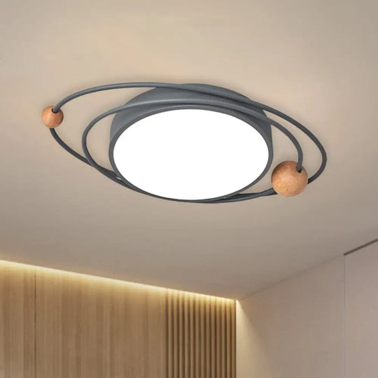 Nordic Led Flush Mount Ceiling Light With Acrylic Ring And Wood Ball In Grey/White/Blue Grey