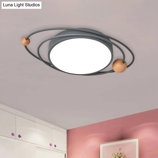 Nordic Led Flush Mount Ceiling Light With Acrylic Ring And Wood Ball In Grey/White/Blue