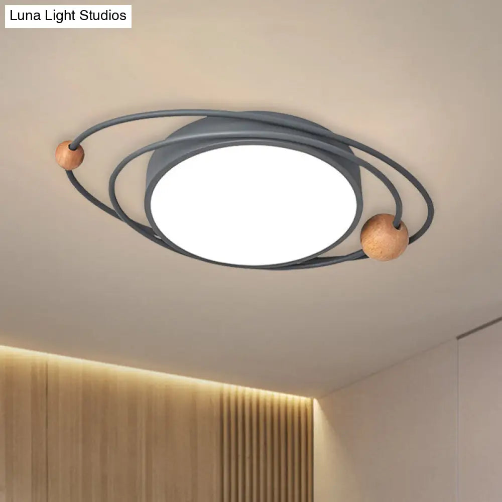 Nordic Led Flush Mount Ceiling Light With Acrylic Ring And Wood Ball In Grey/White/Blue Grey