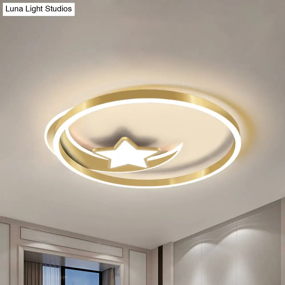 Nordic Led Gold Crescent And Star Ceiling Light With Acrylic Shade - Flush Mount Fixture