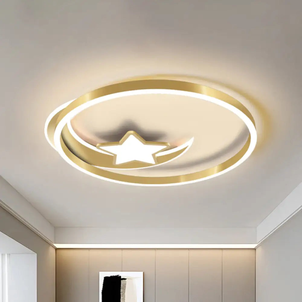 Nordic Led Gold Crescent And Star Ceiling Light With Acrylic Shade - Flush Mount Fixture