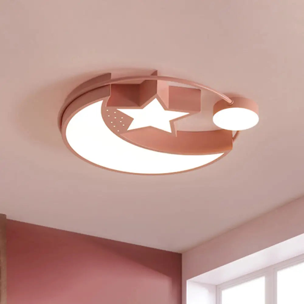 Nordic Led Moon And Star Ceiling Light In Pink Finish - Perfect For Girls’ Bedrooms