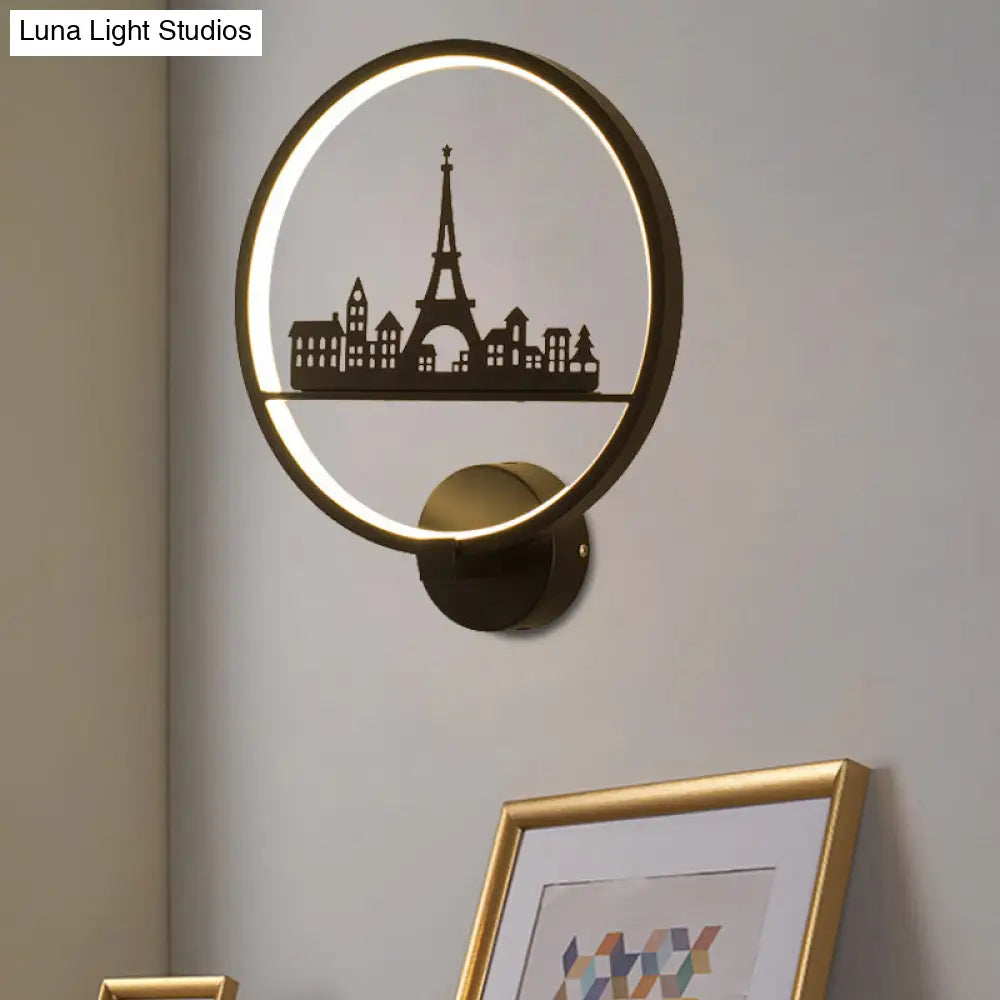 Nordic Led Wall Lamp With Eiffel Tower Or Couple Pattern - White/Black Metal Round Mural Fixture