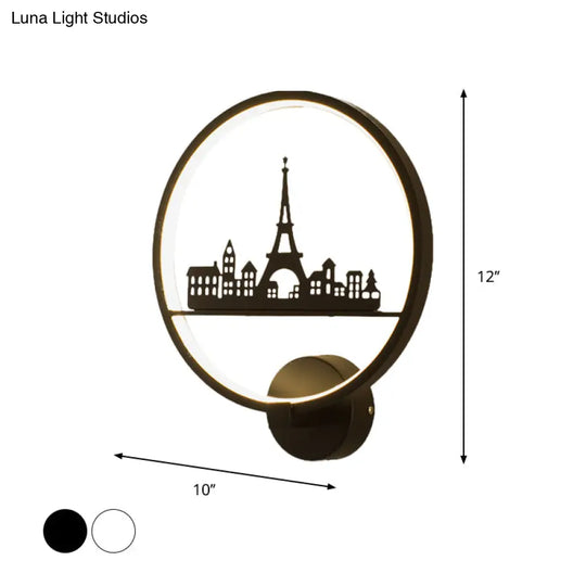 Nordic Led Wall Lamp With Eiffel Tower Or Couple Pattern - White/Black Metal Round Mural Fixture