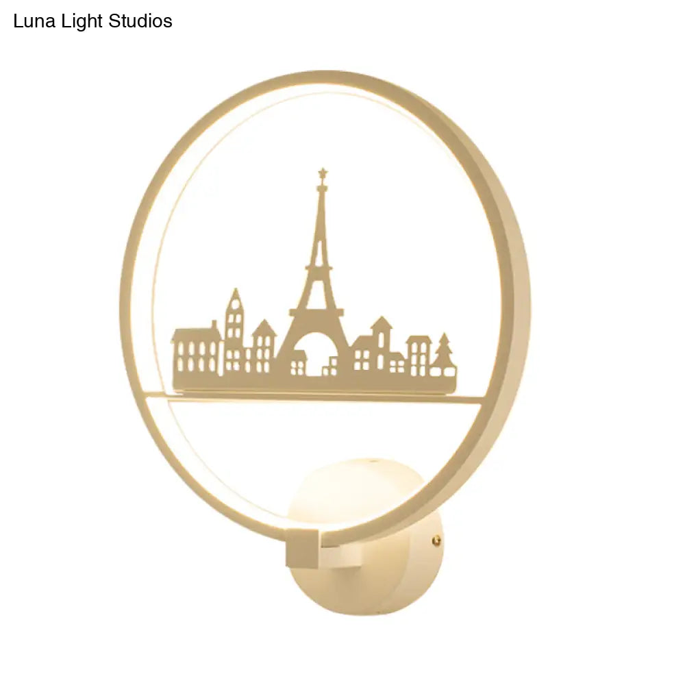 Nordic Led Wall Lamp With Eiffel Tower Or Couple Pattern - White/Black Metal Round Mural Fixture