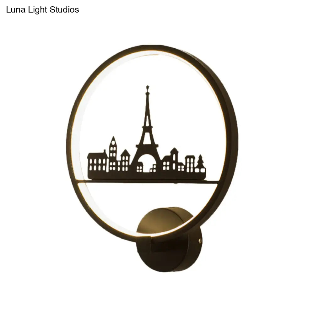 Nordic Led Wall Lamp With Eiffel Tower Or Couple Pattern - White/Black Metal Round Mural Fixture