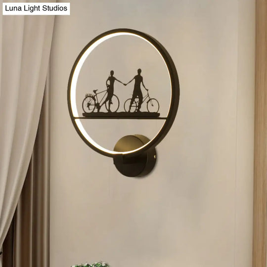 Nordic Led Wall Lamp With Eiffel Tower Or Couple Pattern - White/Black Metal Round Mural Fixture