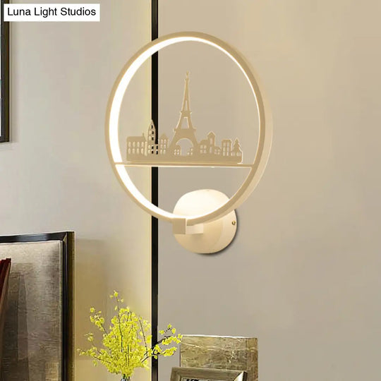 Nordic Led Wall Lamp With Eiffel Tower Or Couple Pattern - White/Black Metal Round Mural Fixture