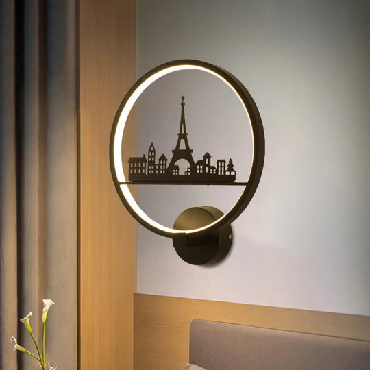 Nordic Led Wall Lamp With Eiffel Tower Or Couple Pattern - White/Black Metal Round Mural Fixture