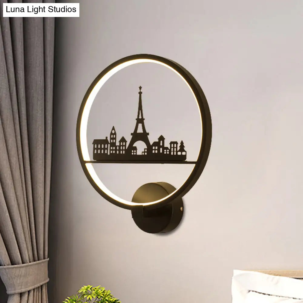 Nordic Led Wall Lamp With Eiffel Tower Or Couple Pattern - White/Black Metal Round Mural Fixture