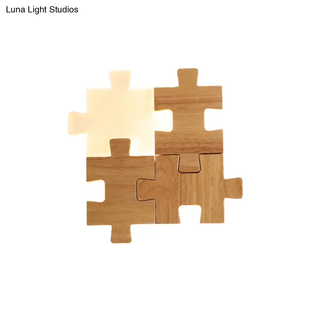 Nordic Led Wood Wall Mount Lamp - Beige Jigsaw Puzzle Sconce Light Fixture In White/Warm