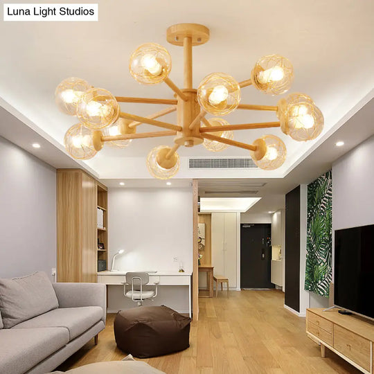 Nordic Led Wooden Chandelier With 2-Tier Radial Beige Design And Clear Glass Shades