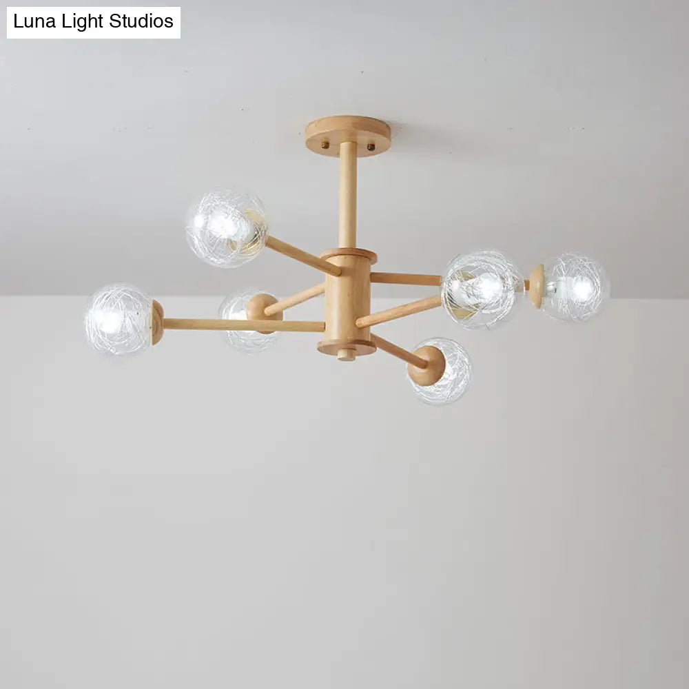 Nordic Led Wooden Chandelier With 2-Tier Radial Beige Design And Clear Glass Shades