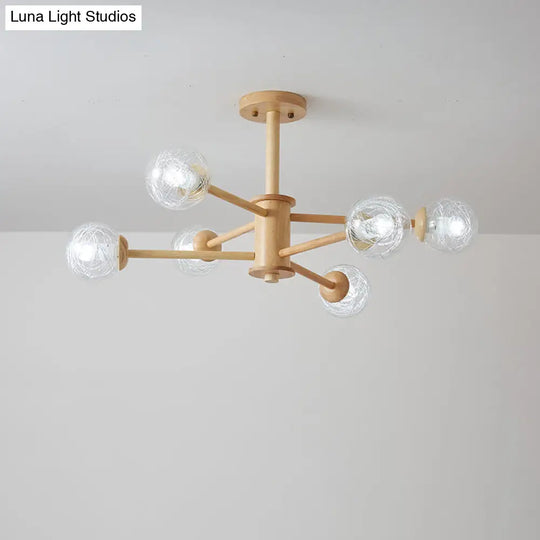 Nordic Led Wooden Chandelier With 2-Tier Radial Beige Design And Clear Glass Shades