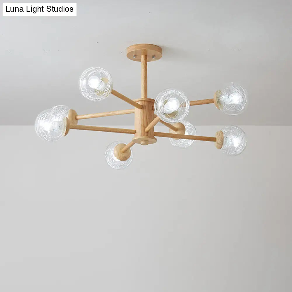 Nordic Led Wooden Chandelier With 2-Tier Radial Beige Design And Clear Glass Shades