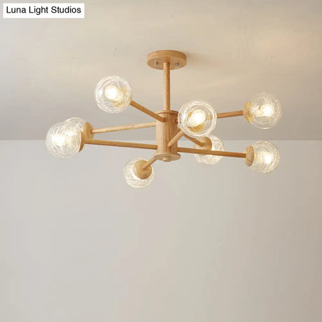 Nordic Led Wooden Chandelier With 2-Tier Radial Beige Design And Clear Glass Shades