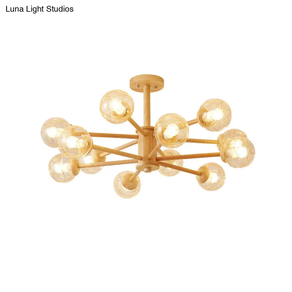 Nordic Led Wooden Chandelier With 2-Tier Radial Beige Design And Clear Glass Shades