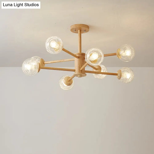 Nordic Led Wooden Chandelier With 2-Tier Radial Beige Design And Clear Glass Shades