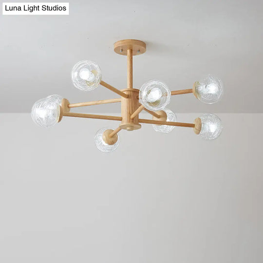 Nordic Led Wooden Chandelier With Clear Glass Shades - 2 Tiers Beige Color
