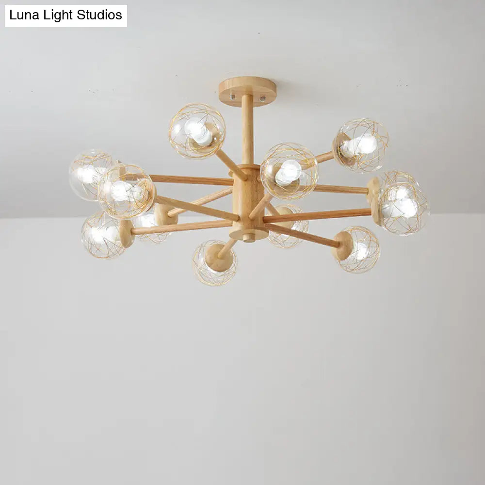 Nordic Led Wooden Chandelier With 2-Tier Radial Beige Design And Clear Glass Shades