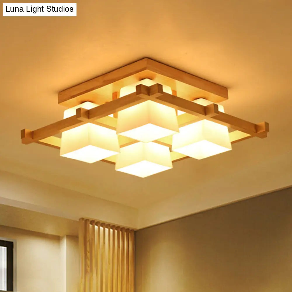 Nordic Light Wood Grid Semi Flush Mount With Frosted Glass Shade - 4/6/9-Light Ceiling