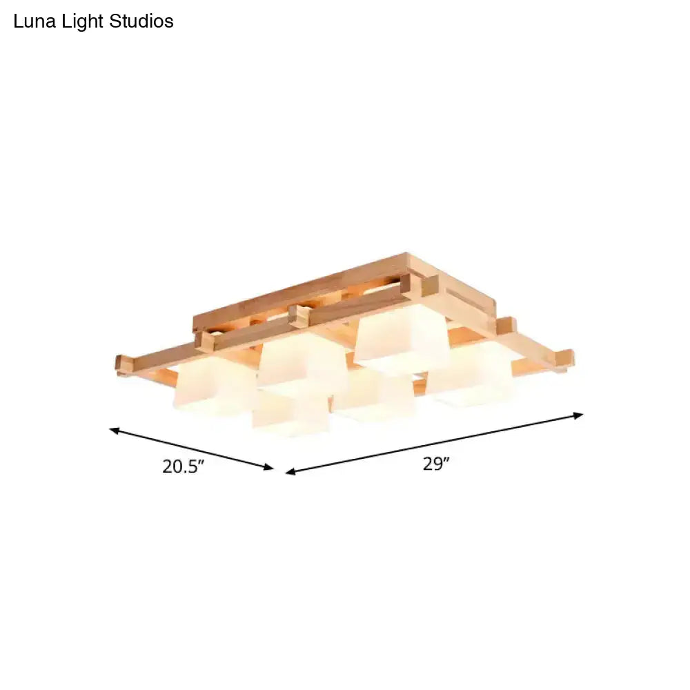 Nordic Light Wood Grid Semi Flush Mount With Frosted Glass Shade - 4/6/9-Light Ceiling