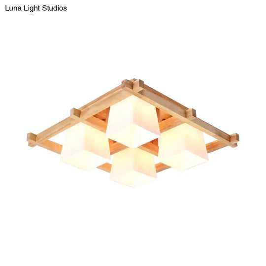 Nordic Light Wood Grid Semi Flush Mount With Frosted Glass Shade - 4/6/9-Light Ceiling