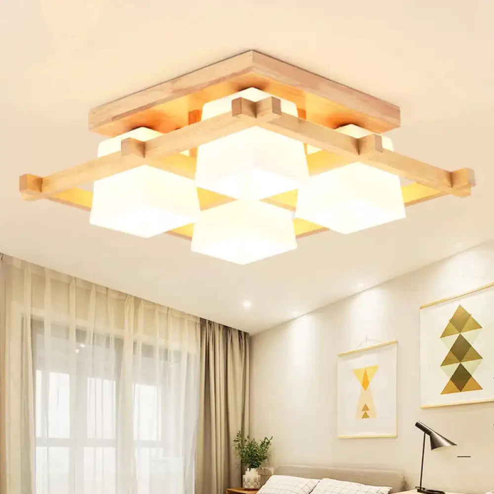 Nordic Light Wood Grid Semi Flush Mount With Frosted Glass Shade - 4/6/9 - Light Ceiling 4 /