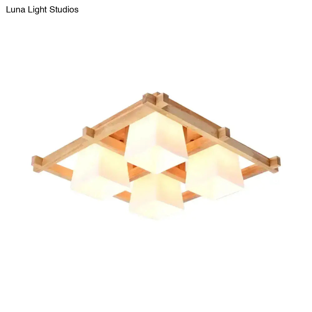 Nordic Light Wood Grid Semi Flush Mount With Frosted Glass Shade - 4/6/9-Light Ceiling