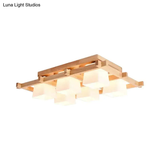 Nordic Light Wood Grid Semi Flush Mount With Frosted Glass Shade - 4/6/9-Light Ceiling