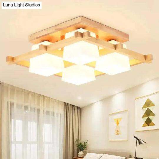 Nordic Light Wood Grid Semi Flush Mount With Frosted Glass Shade - 4/6/9-Light Ceiling