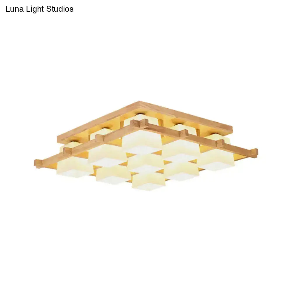 Nordic Light Wood Grid Semi Flush Mount With Frosted Glass Shade - 4/6/9-Light Ceiling