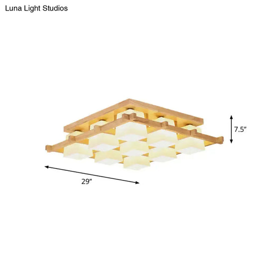 Nordic Light Wood Grid Semi Flush Mount With Frosted Glass Shade - 4/6/9-Light Ceiling