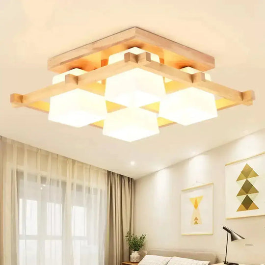 Nordic Light Wood Grid Semi Flush Mount With Frosted Glass Shade - 4/6/9-Light Ceiling 4 /