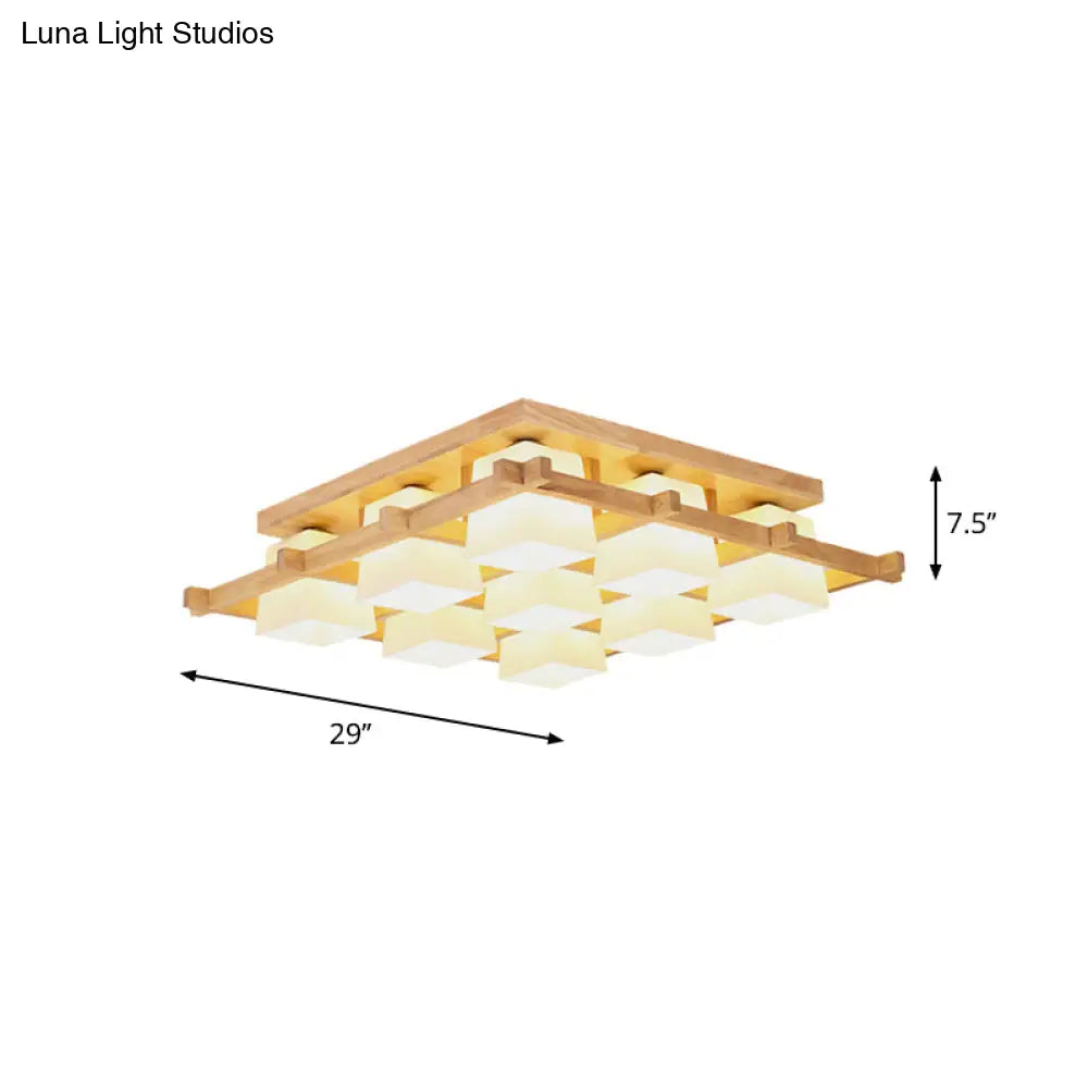 Nordic Light Wood Grid Semi Flush Mount With Frosted Glass Shade - 4/6/9 - Light Ceiling
