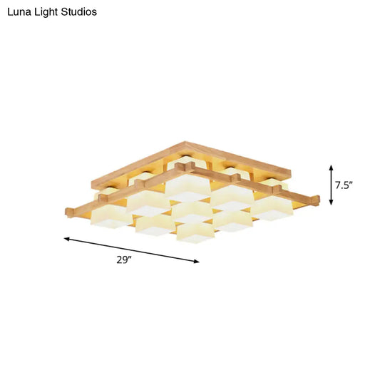 Nordic Light Wood Grid Semi Flush Mount With Frosted Glass Shade - 4/6/9 - Light Ceiling