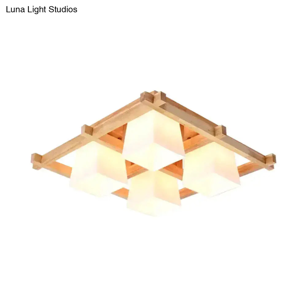 Nordic Light Wood Grid Semi Flush Mount With Frosted Glass Shade - 4/6/9-Light Ceiling