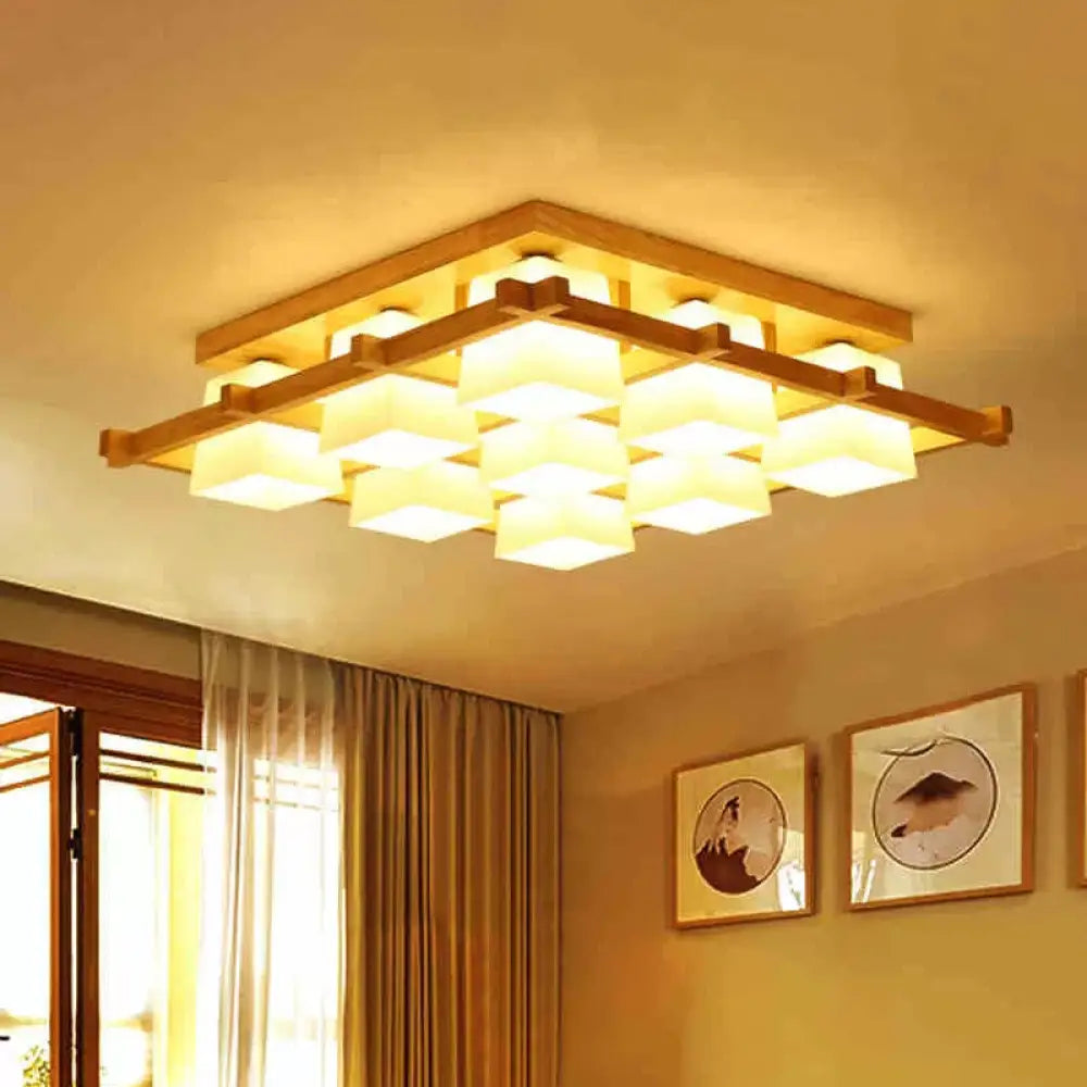 Nordic Light Wood Grid Semi Flush Mount With Frosted Glass Shade - 4/6/9 - Light Ceiling 9 /